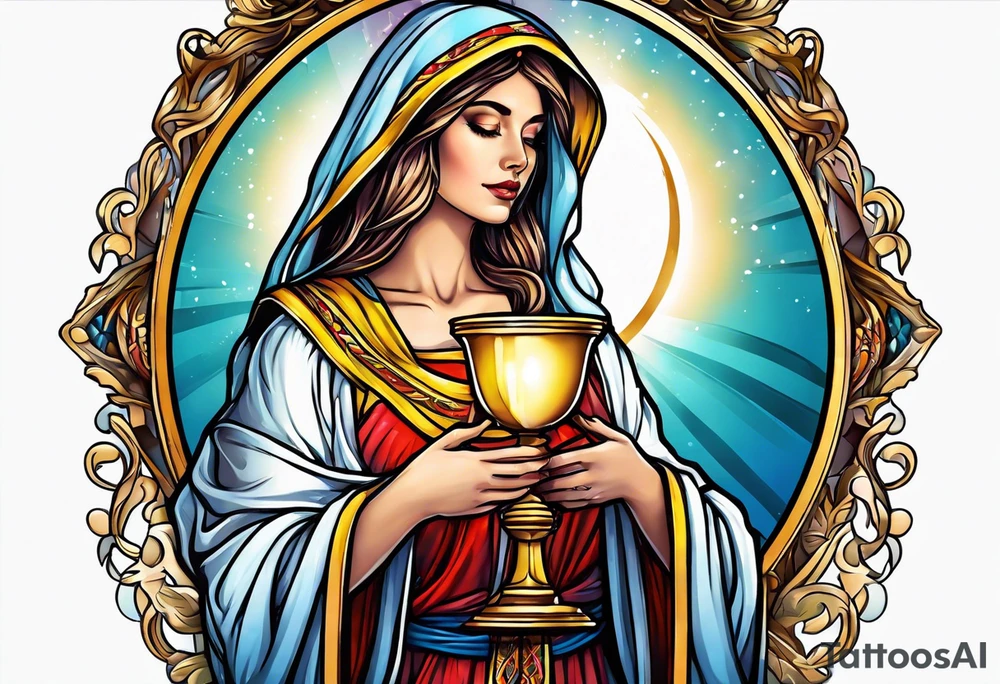 holy saint woman turned away
 holding a chalice tattoo idea