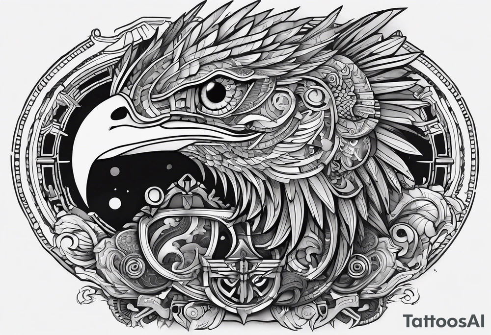 cyberpunk Mayan Quetzal bird/dinosaur that is narrow and has neurons coming from the bottom. tattoo idea