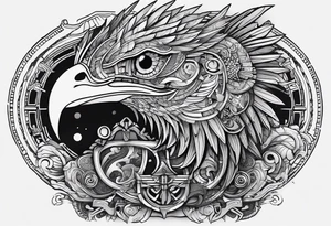 cyberpunk Mayan Quetzal bird/dinosaur that is narrow and has neurons coming from the bottom. tattoo idea