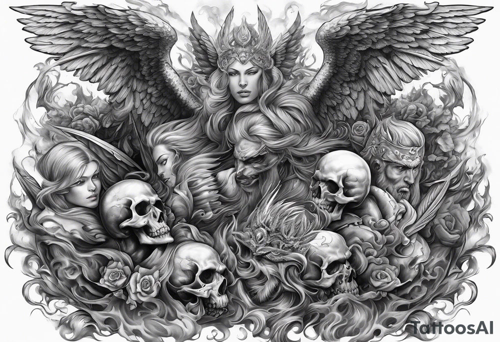 Angels fighting demons full sleeve with skulls and fire and smoke for filler tattoo idea
