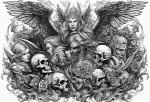 Angels fighting demons full sleeve with skulls and fire and smoke for filler tattoo idea