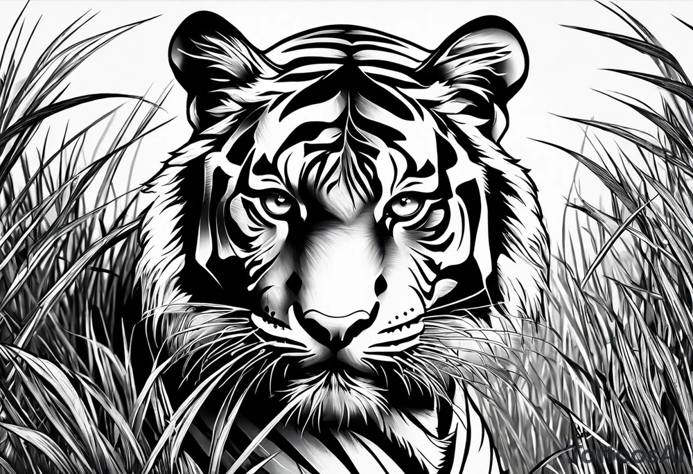 Tiger in the grass, staring ahead tattoo idea