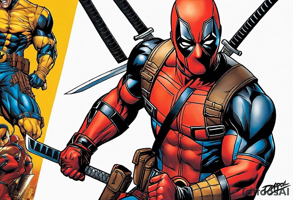 The tattoo features Deadpool and Wolverine in a highly realistic style. Deadpool, dressed in his detailed red and black costume, stands in a combat-ready pose, his katanas brilliantly rendered in hand. Beside him, Wolverine showcases his imposing musculature in his yellow and blue costume, with his adamantium claws extended and gleaming. Their expressions, one mischievous and the other fierce, are captured with precision, highlighting their distinct personalities. The scene focuses solely on the characters, with a minimalistic background to emphasize their dynamic and powerful presence. tattoo idea