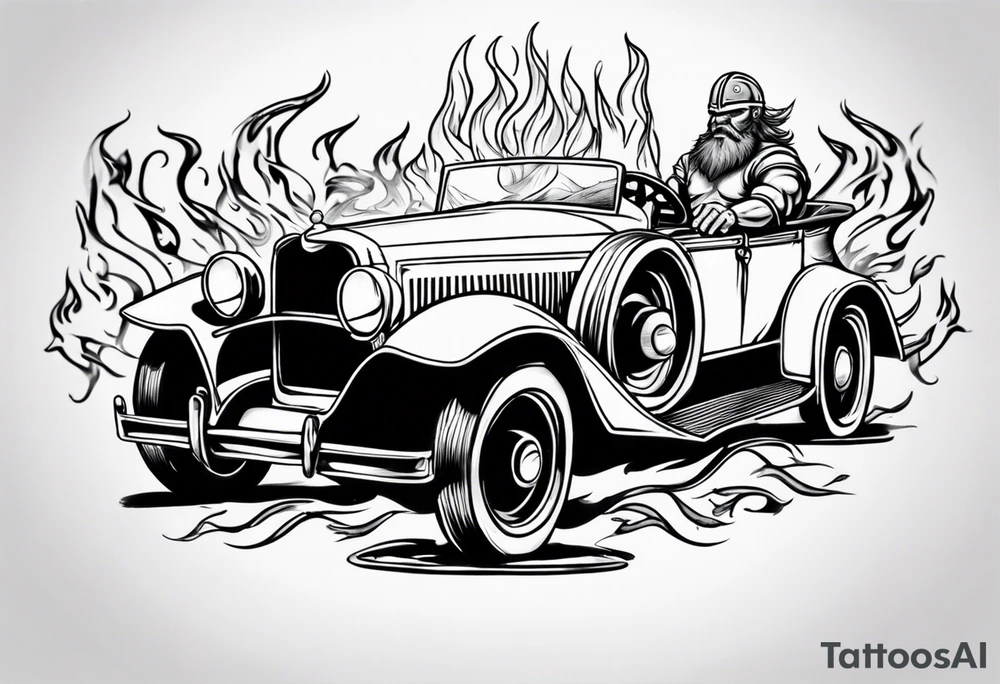 Viking riding an old vintage classic car with flames tattoo idea