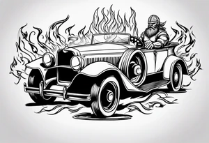 Viking riding an old vintage classic car with flames tattoo idea