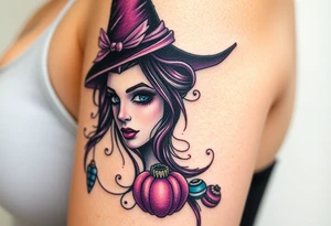 A witches portrait with purple and teal accents and halloween ornaments tattoo idea