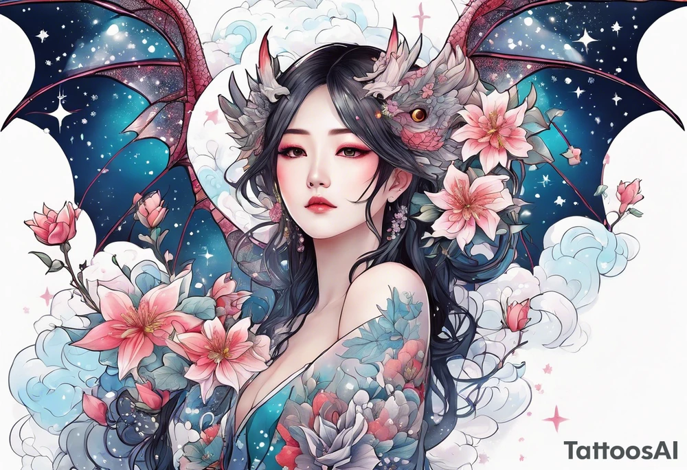Constellation, wing , snow , cross , dragon female japan kawaii , flower tattoo idea