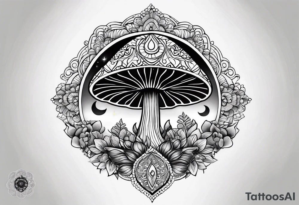 Black mushroom tattoo with henna style mandala crescent moon design surrounding it tattoo idea