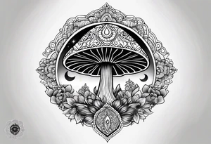 Black mushroom tattoo with henna style mandala crescent moon design surrounding it tattoo idea