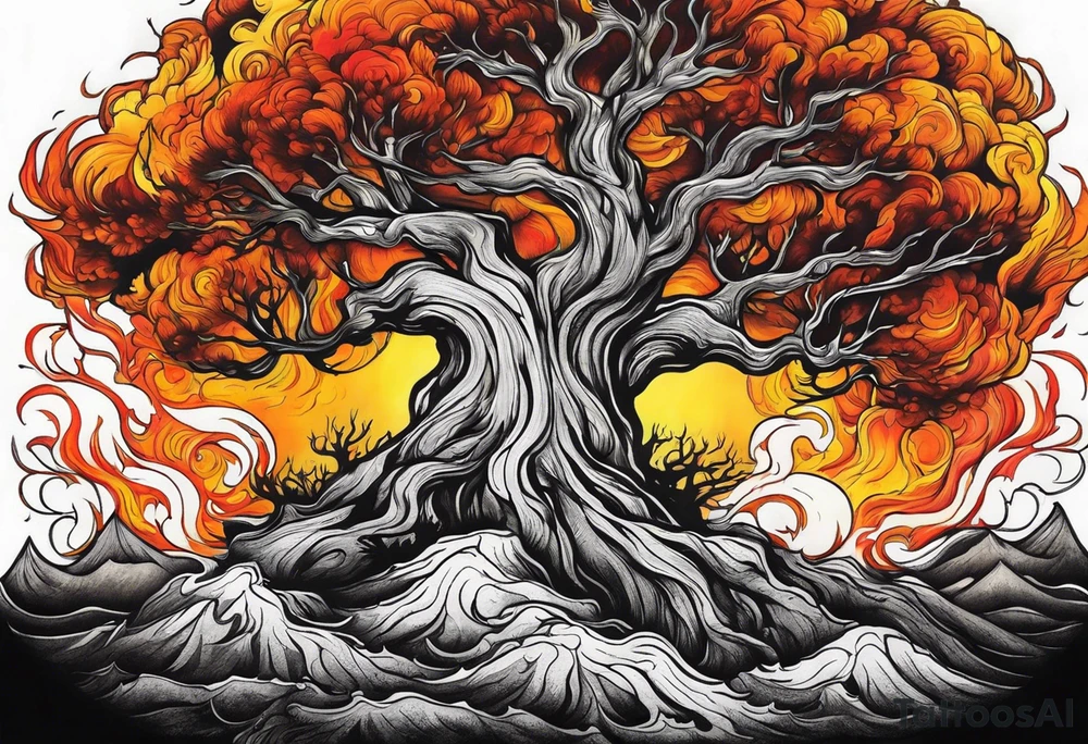 enormous old tree engulfed in flames of fire tattoo idea