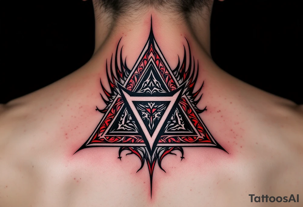 A bold tribal-style triquetra, filled with deep red and black patterns, creating a powerful and dynamic effect. tattoo idea