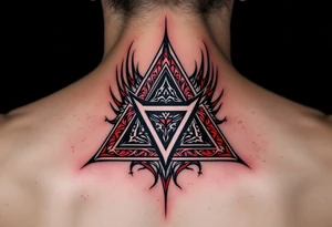 A bold tribal-style triquetra, filled with deep red and black patterns, creating a powerful and dynamic effect. tattoo idea