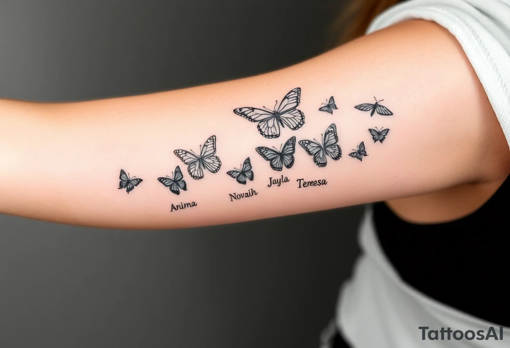 Six different butterflies streaming down arm with six kids names Aden, Aninna, Novaih, Rayla, Jayla, Teresa tattoo idea