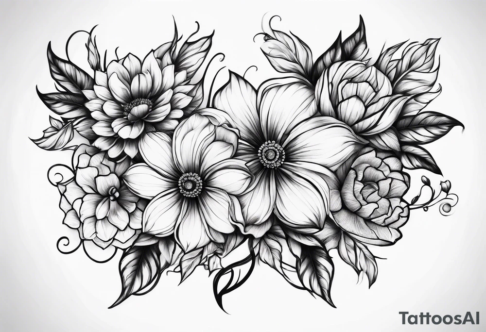 pen intertwined flowers tattoo idea