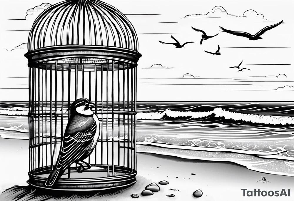 An open birdcage on the Oregon 
beach with the words be free, small enough to be on the wrist tattoo idea