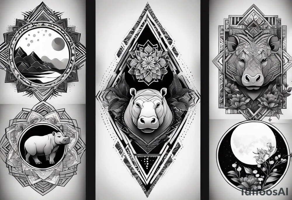 Very asymmetrical, +geometric pattern, with realistic full moon, with hippo at side look, +tribal, +geometric, +inkart , +blackwork, +grey scale, + sketch
with wintersweet flower bud, +portrait orientation, +inkart touch, tattoo idea