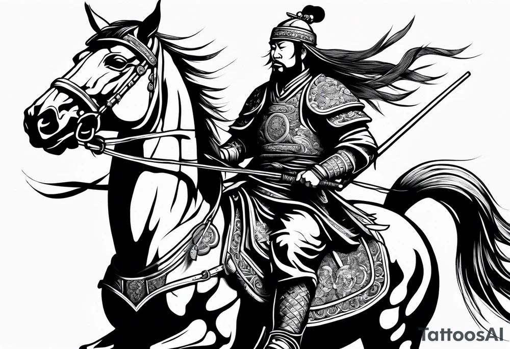 Mongol warrior on horseback carrying a head of a dead samurai tattoo idea