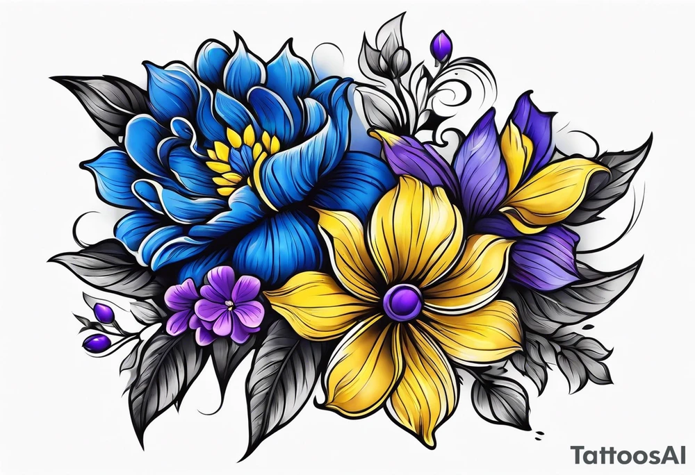 Blue yellow and purple flowers arm sleeve tattoo idea