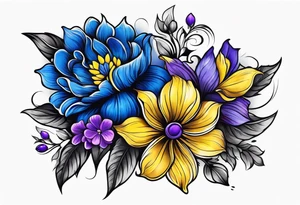 Blue yellow and purple flowers arm sleeve tattoo idea