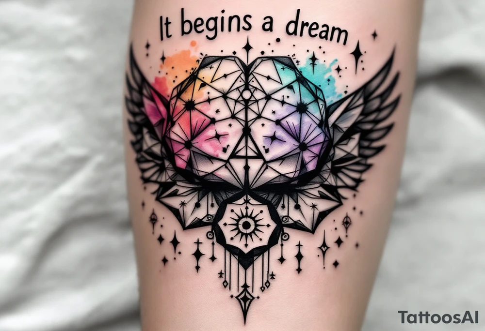 Tattoo inspired in the creativity of a gifted brain, with few watercolor details but mostly black, symbols flying arround, the phrase "It begins with a dream", and wings behind tattoo idea