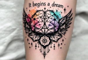 Tattoo inspired in the creativity of a gifted brain, with few watercolor details but mostly black, symbols flying arround, the phrase "It begins with a dream", and wings behind tattoo idea