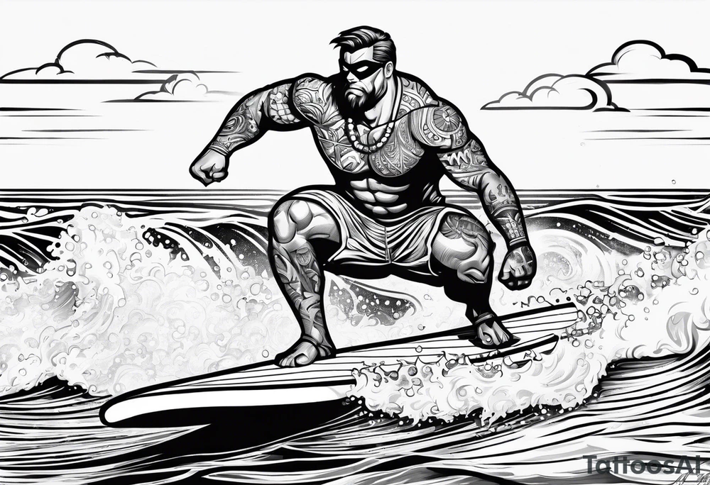 beachbum superhero on a surfboard with tiki guys tattoo idea