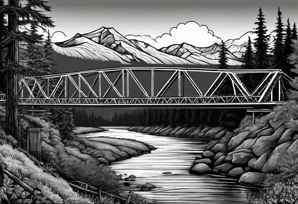 steel truss cantilever bridge over river, mountains, sky, trees, pacific northwest tattoo idea