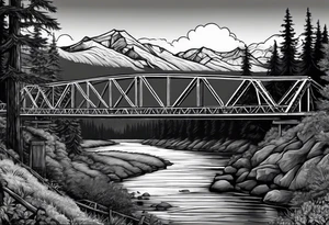 steel truss cantilever bridge over river, mountains, sky, trees, pacific northwest tattoo idea