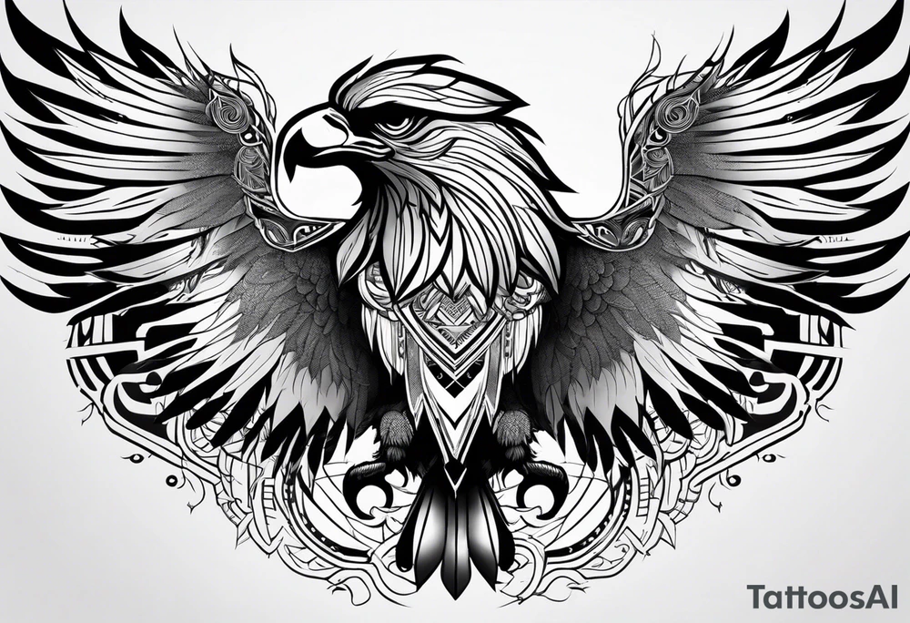 tribal eagle morphed with phoenix and human figure. dream catcher feathers. rebirth. light realm. tattoo idea