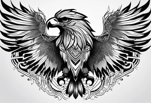 tribal eagle morphed with phoenix and human figure. dream catcher feathers. rebirth. light realm. tattoo idea