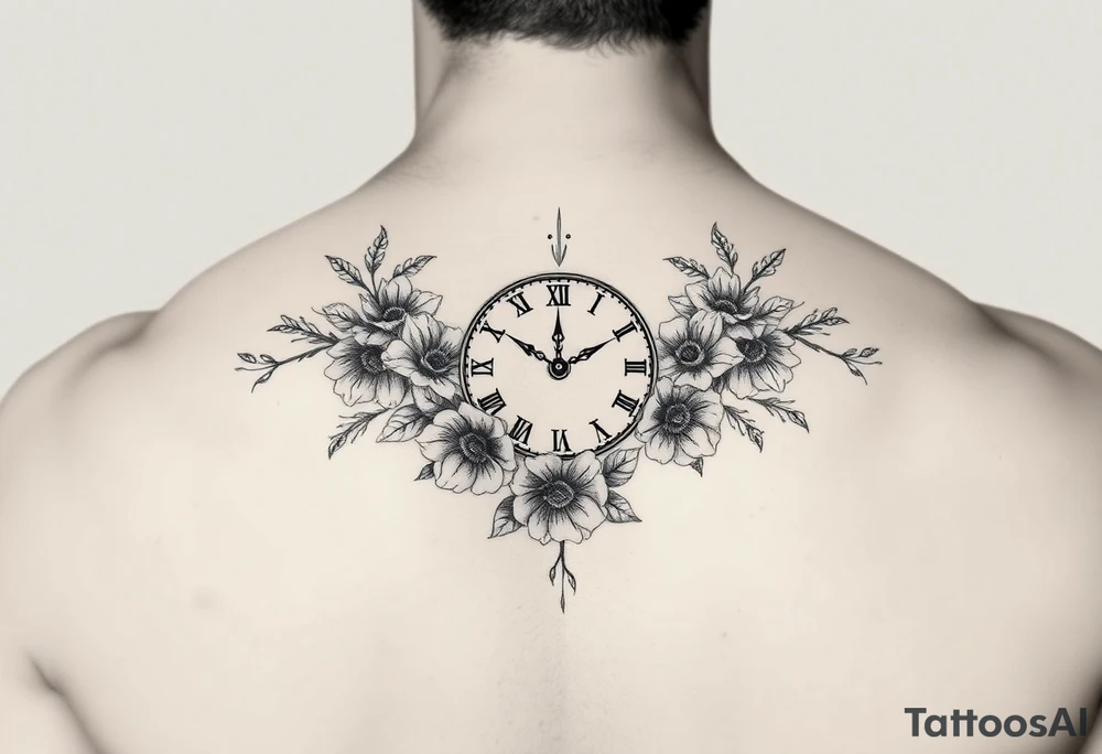 Clock and flowers tattoo idea