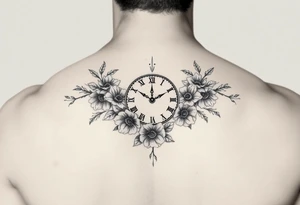 Clock and flowers tattoo idea