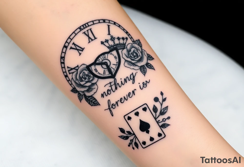 Roman clock with roses and a crown, a quote that says nothings forever. and on the bottom a deck of cards tattoo idea