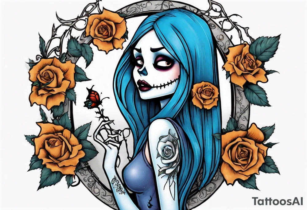 Nightmare before Christmas Sallyholding a flower. With a blue butterfly flying around her. tattoo idea