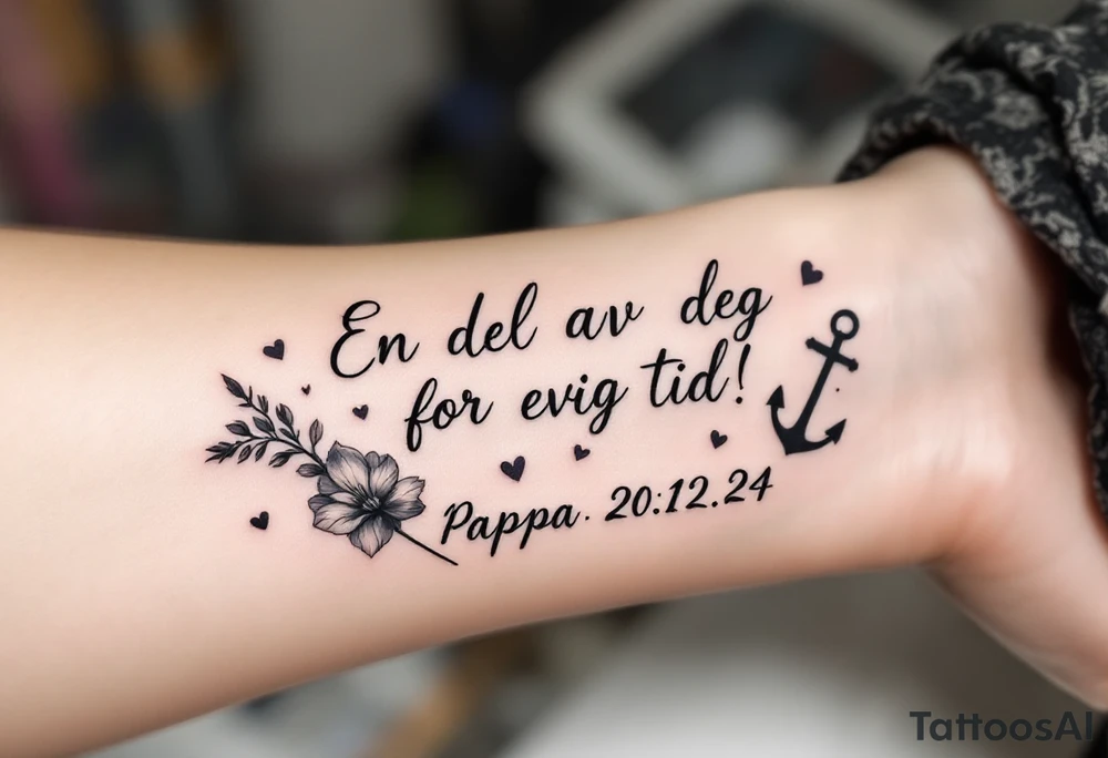 make a quote that says "En del av deg for evig tid! Pappa 20.12.24" Surrounded by gladiolus, music notes, hearts and an anchor tattoo idea