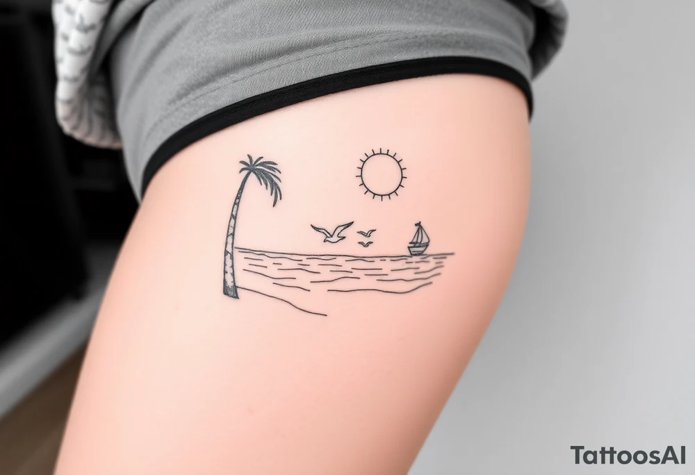 happy, peaceful, serene, timeless, ocean, sand, palm tree, seagulls, sun tattoo idea