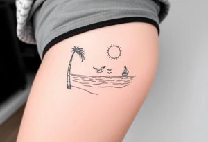 happy, peaceful, serene, timeless, ocean, sand, palm tree, seagulls, sun tattoo idea