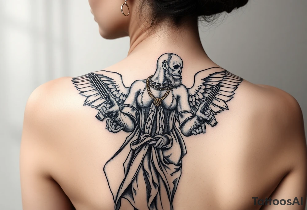 old angel statue in criminal style, tattooed and at the same time contemporary, weapons in hand, gangster-style gold necklaces tattoo idea