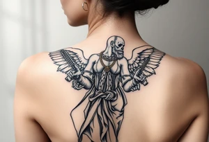 old angel statue in criminal style, tattooed and at the same time contemporary, weapons in hand, gangster-style gold necklaces tattoo idea