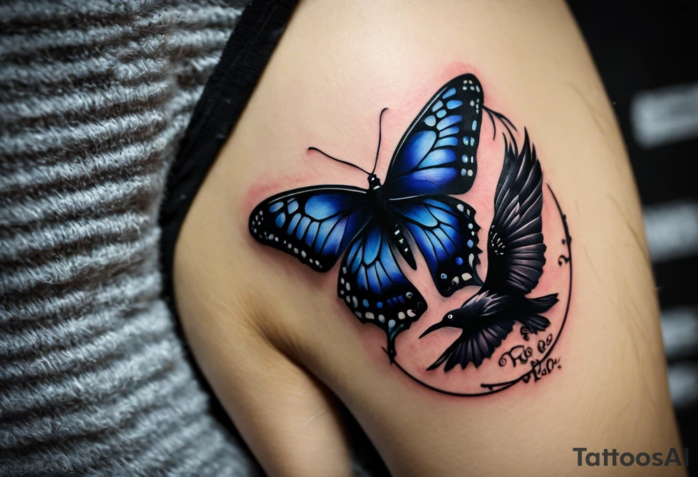 A butterfly flies. Below the butterfly, a raven flies.
The butterfly and the raven are the same size
In the background is the name Malia.
In the background is the name SKF.
The number 89 can be seen in the background.
There is also a scorpion in the wing of the butterfly.
This tattoo is black and white and on the arm. tattoo idea
