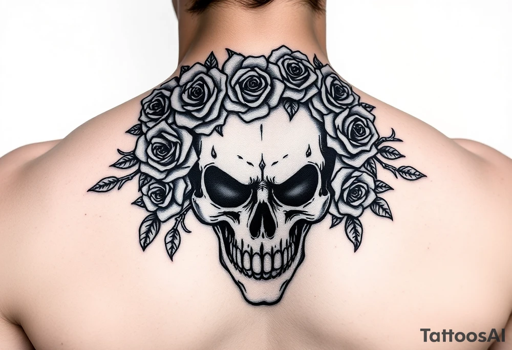 ornate skull adorned with crown of wild roses and thorns tattoo idea