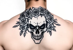 ornate skull adorned with crown of wild roses and thorns tattoo idea