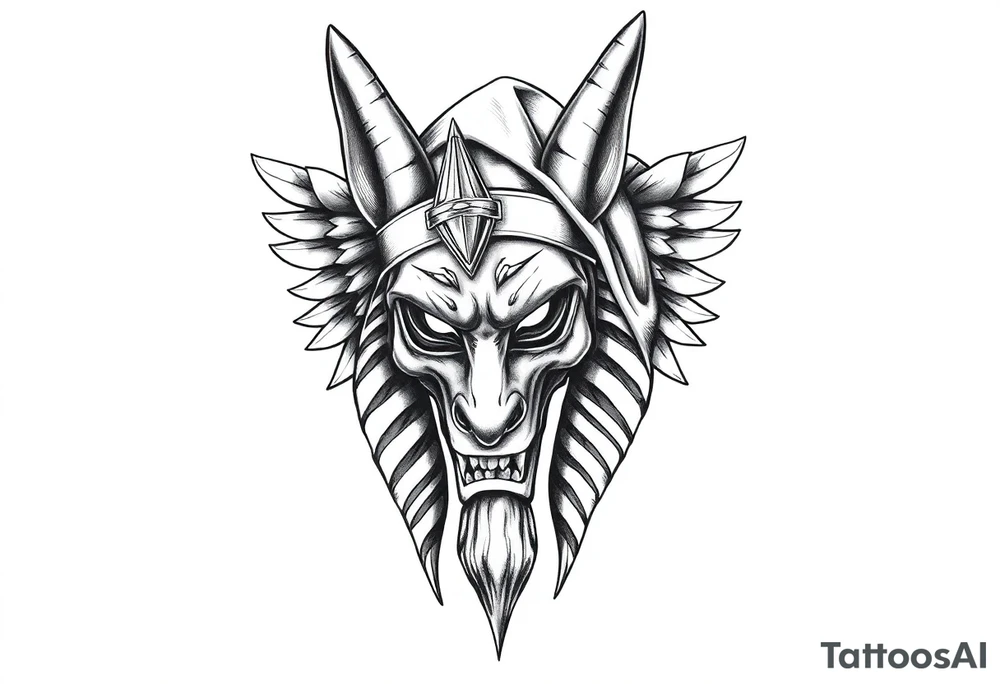 powerful majestic muscle anubis Egyptian god face mix with joker
without eyes with mantle on head tattoo idea