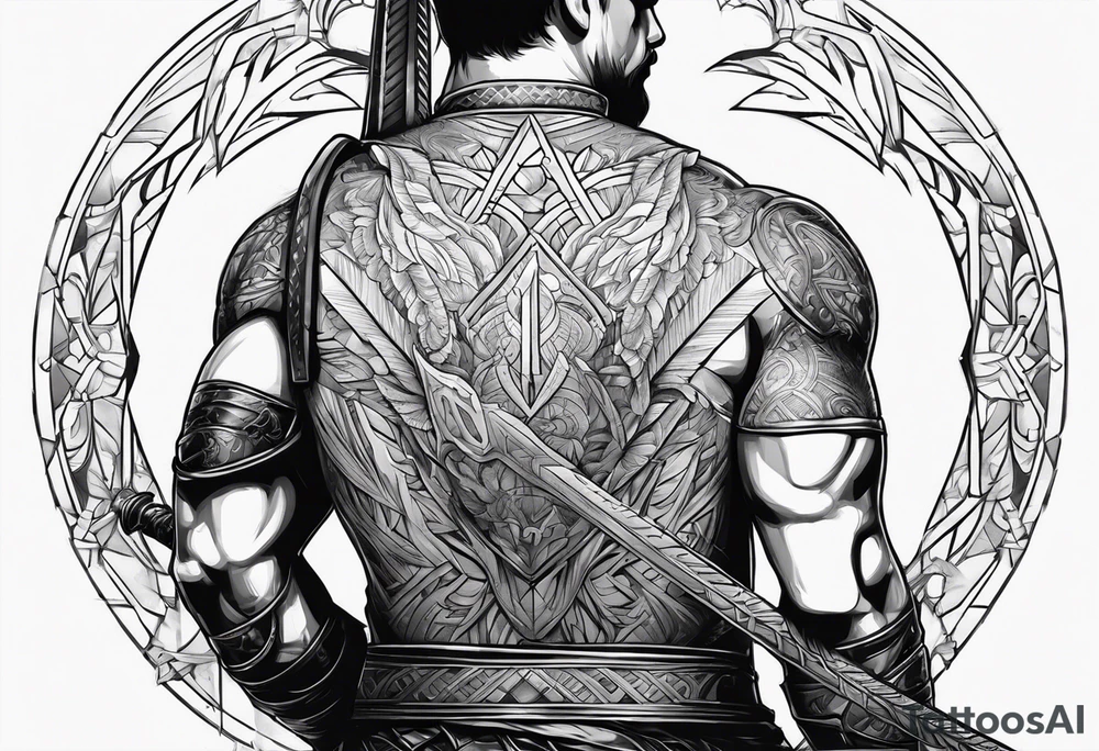 Warrior with sword back turned tattoo idea