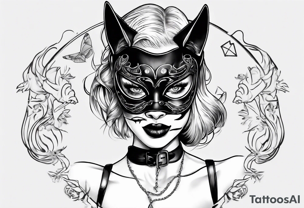 the face of a girl in a black cat mask who licks the plane with her tongue tattoo idea