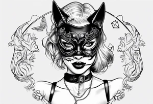 the face of a girl in a black cat mask who licks the plane with her tongue tattoo idea