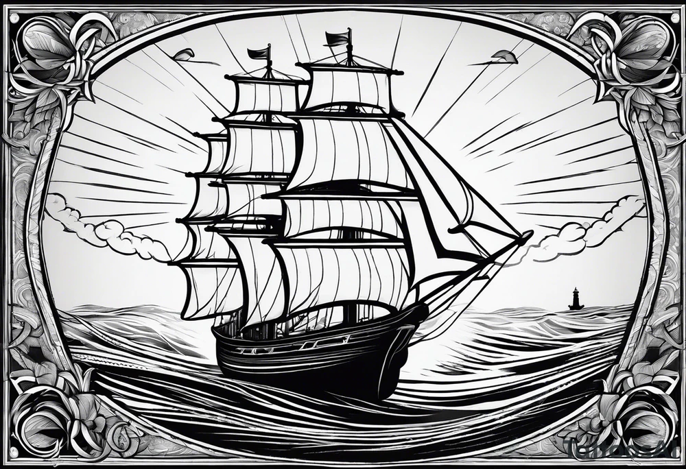 sailboat seen from the front. sail in the shape of a maritime lighthouse.phoenix drawn on the sail. tattoo idea