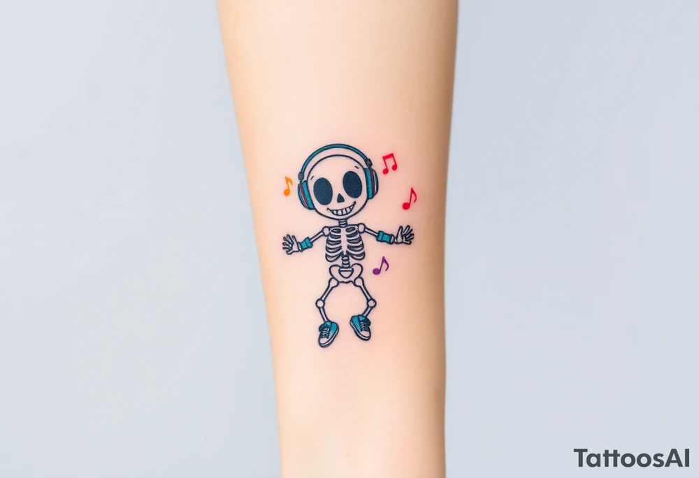 smiley skeleton with love shape in his eyes jumping on a jump rope with blue headphones and blue armbands and blue sneakers with colorful music notes around his head tattoo idea