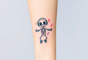 smiley skeleton with love shape in his eyes jumping on a jump rope with blue headphones and blue armbands and blue sneakers with colorful music notes around his head tattoo idea