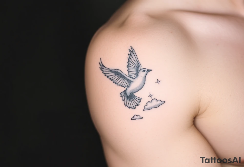 Dove and a blue jay, clouds, shining light to or from heaven tattoo idea